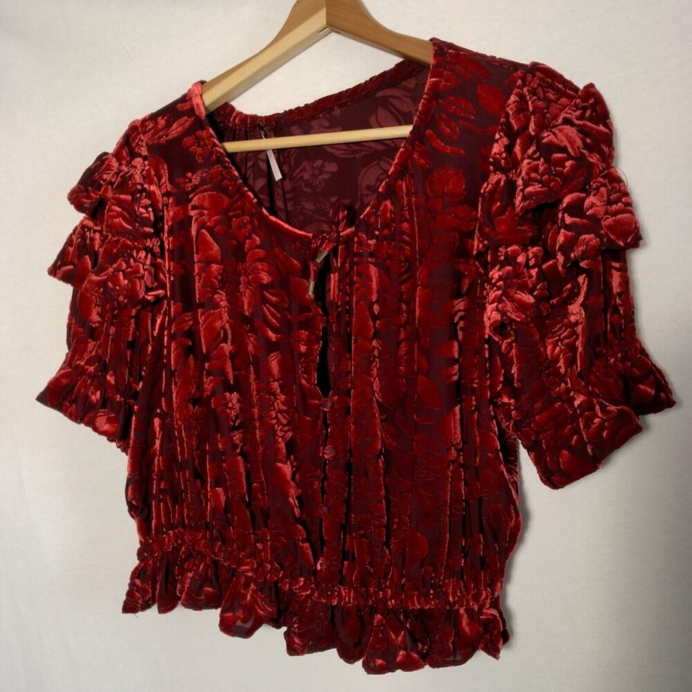 Free People Velveteen Dream Shirt S Red Floral Velour Crop Peasant Ruffle V Neck - Picture 1 of 16